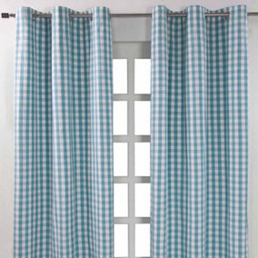 Homescapes Cotton Blue Block Check Gingham Eyelet Curtains 117 x 137 cm