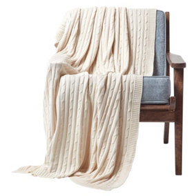 Homescapes Cotton Cable Knit Natural Throw, 150 x 200 cm