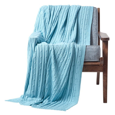 Homescapes Cotton Cable Knit Pastel Blue Throw, 130 x 170 cm