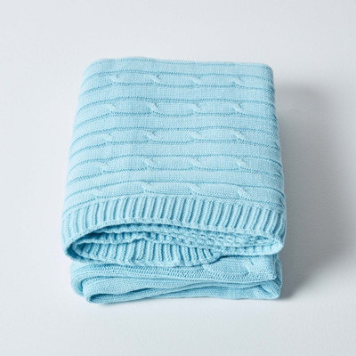 Homescapes Cotton Cable Knit Pastel Blue Throw, 130 x 170 cm