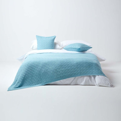 Homescapes Cotton Cable Knit Pastel Blue Throw, 130 x 170 cm