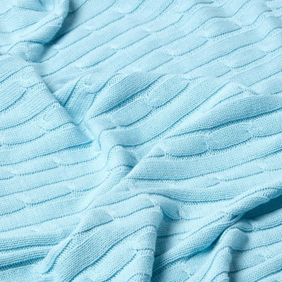 Homescapes Cotton Cable Knit Pastel Blue Throw, 130 x 170 cm