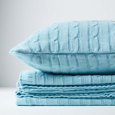 Homescapes Cotton Cable Knit Pastel Blue Throw, 130 x 170 cm