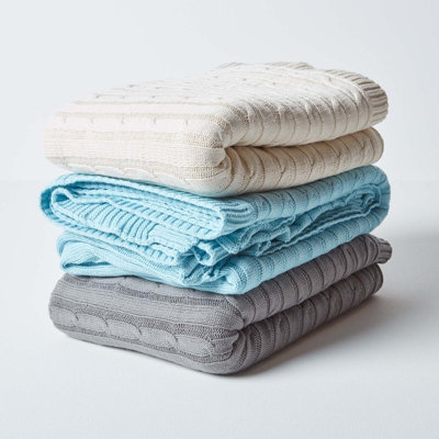 Homescapes Cotton Cable Knit Pastel Blue Throw, 130 x 170 cm