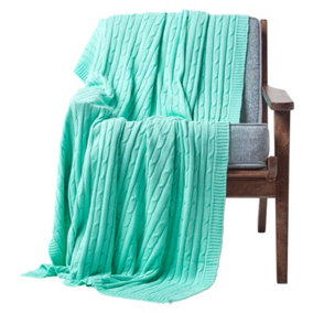 Homescapes Cotton Cable Knit Pastel Green Throw, 130 x 170 cm