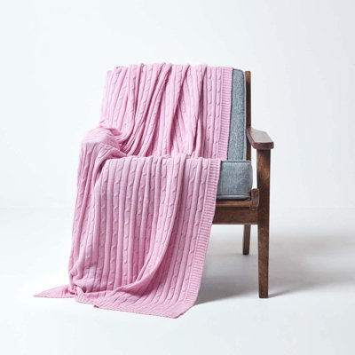 Homescapes Cotton Cable Knit Pastel Pink Throw, 130 x 170 cm