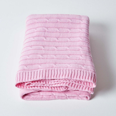 Homescapes Cotton Cable Knit Pastel Pink Throw, 130 x 170 cm