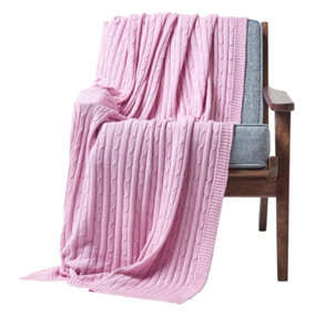 Homescapes Cotton Cable Knit Pastel Pink Throw, 150 x 200 cm