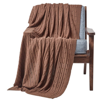Homescapes Cotton Cable Knit Throw, Chocolate, 130 x 170 cm
