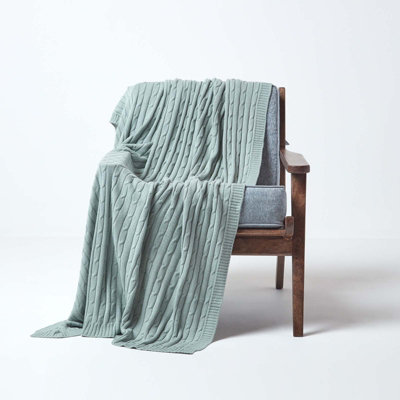 Homescapes Cotton Cable Knit Throw Duck Egg Blue, 130 x 170 cm