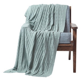 Homescapes Cotton Cable Knit Throw Duck Egg Blue, 150 x 200 cm