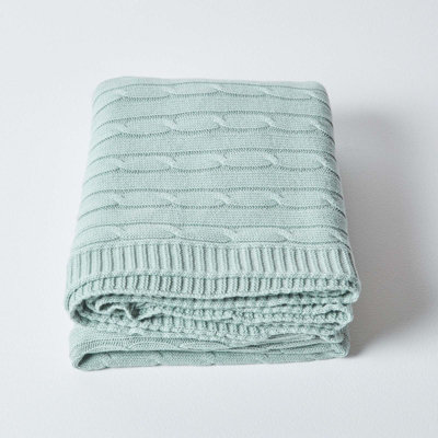 Homescapes Cotton Cable Knit Throw Duck Egg Blue, 150 x 200 cm