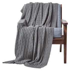 Homescapes Cotton Cable Knit Throw Grey, 130 x 170 cm
