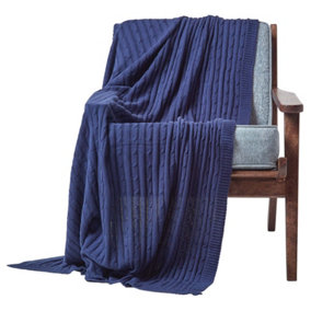 Homescapes Cotton Cable Knit Throw Navy Blue, 130 x 170 cm