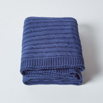 Homescapes Cotton Cable Knit Throw Navy Blue, 130 x 170 cm