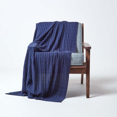 Homescapes Cotton Cable Knit Throw Navy Blue, 150 x 200 cm
