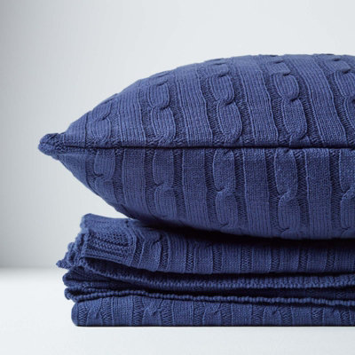 Homescapes Cotton Cable Knit Throw Navy Blue, 150 x 200 cm