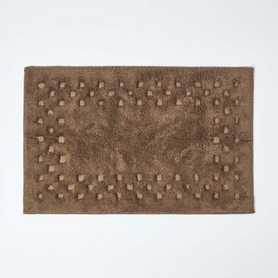 Homescapes Cotton Check Border Chocolate Brown Bath Mat at B&Q