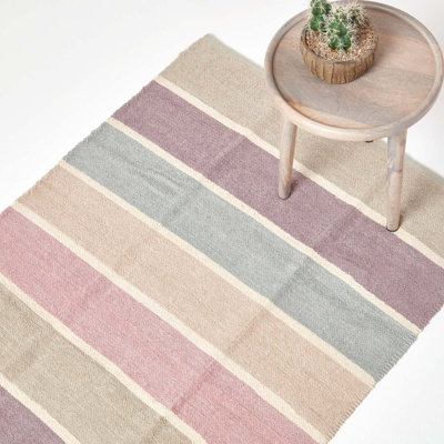 Homescapes Cotton Chenille Striped Rug Blue Beige Grey Natural, 110 x 170 cm