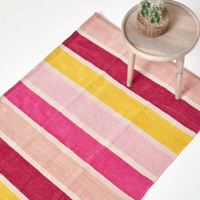 Homescapes Cotton Chenille Striped Rug Pink Beige Red Yellow Candy, 90 x 150 cm