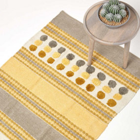 Homescapes Cotton Chenille Striped Tufted Circle Rug Grey Mustard Yellow 60 x 100cm