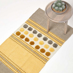 Homescapes Cotton Chenille Striped Tufted Circle Rug Grey Mustard Yellow 66 x 200cm