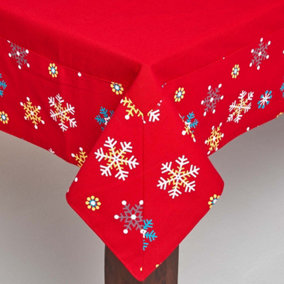Homescapes Cotton Christmas Red Snowflake Border Tablecloth, 54 x 70 Inches