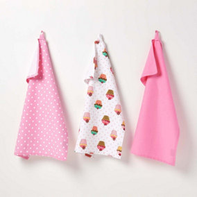 Homescapes Cotton Cupcakes Pink Blue Tea Towels Set Of Three