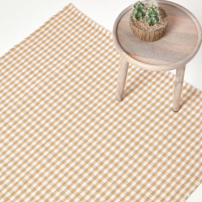 Homescapes Cotton Gingham Check Rug Hand Woven Beige White, 110 x 170 cm