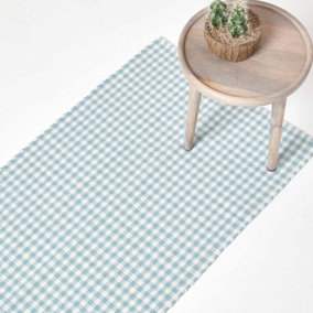 Homescapes Cotton Gingham Check Rug Hand Woven Blue White, 66 x 200 cm