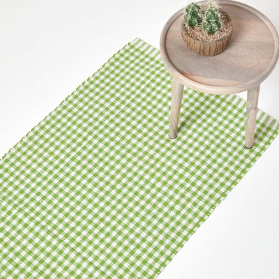 Homescapes Cotton Gingham Check Rug Hand Woven Green White, 66 x 200 cm