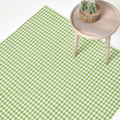 Homescapes Cotton Gingham Check Rug Hand Woven Green White, 70 x 120 cm