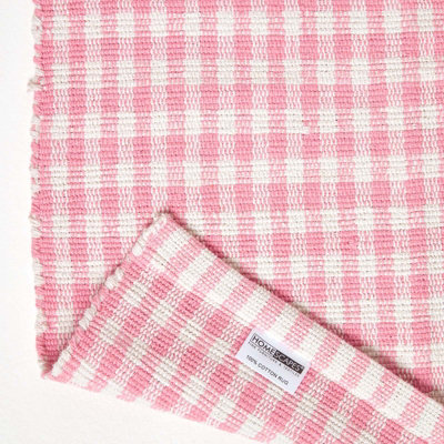 Homescapes Cotton Gingham Check Rug Hand Woven Pink White, 60 x 90 cm