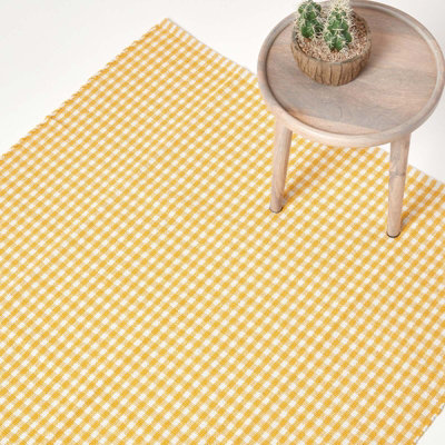 Homescapes Cotton Gingham Check Rug Hand Woven Yellow White, 110 x 170 cm