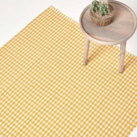 Homescapes Cotton Gingham Check Rug Hand Woven Yellow White, 70 x 120 cm
