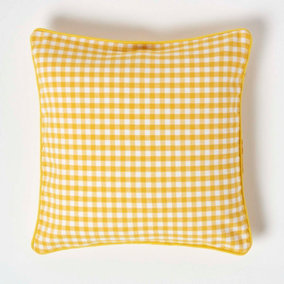Homescapes Cotton Gingham Check Yellow Cushion Cover, 45 x 45 cm