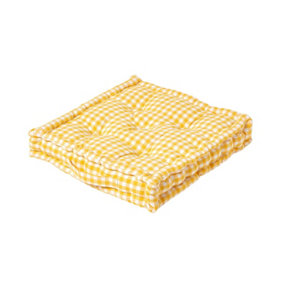 Homescapes Cotton Gingham Check Yellow Floor Cushion, 40 x 40 cm