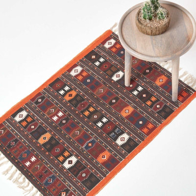 Homescapes Cotton Kilim Printed Rug Terracotta, Black and Brown Design,60 x 90 cm