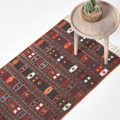 Homescapes Cotton Kilim Printed Rug Terracotta,Black and Brown Design,66 x 200 cm