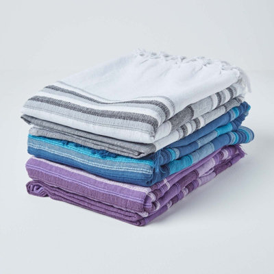 Homescapes Cotton Morocco Striped Blue Throw, 225 x 255 cm