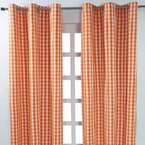 Homescapes Cotton Orange Block Check Gingham Eyelet Curtains 137 x 182 cm