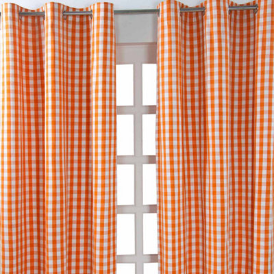 Homescapes Cotton Orange Block Check Gingham Eyelet Curtains 137 x 182 cm