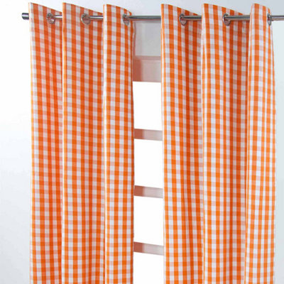 Homescapes Cotton Orange Block Check Gingham Eyelet Curtains 137 x 228 cm