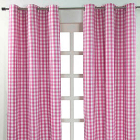 Homescapes Cotton Pink Block Check Gingham Eyelet Curtains 137 x 228 cm