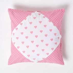 Homescapes Cotton Pink Hearts and Polka Dots Cushion Cover, 45 x 45 cm