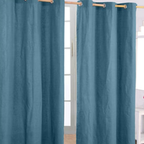 Homescapes Cotton Plain Airforce Blue Ready Made Eyelet Curtain Pair, 117 x 137cm