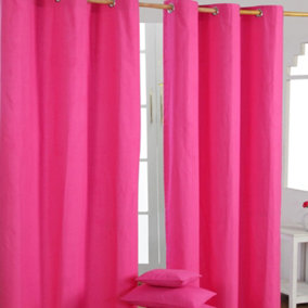 Homescapes Cotton Plain Hot Pink Ready Made Eyelet Curtain Pair, 117 x 137 cm