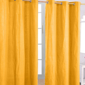 Homescapes Cotton Plain Mustard Yellow Ready Made Eyelet Curtain Pair, 117 x 137cm
