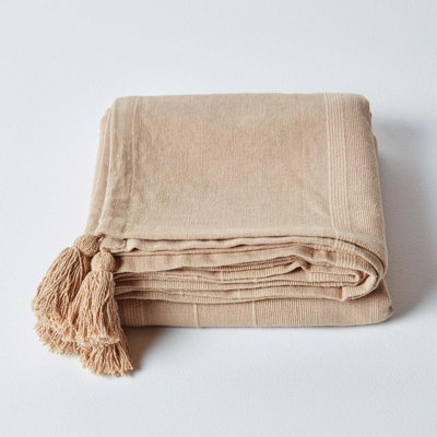 Homescapes Cotton Rajput Ribbed Beige Throw, 255 x 360 cm