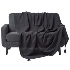 Homescapes Cotton Rajput Ribbed Black Throw, 225 x 255 cm